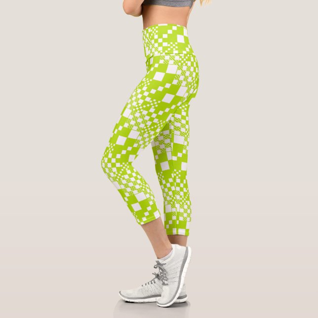  Checked, Checks - Lime Green and White Capri Leggings (Left)