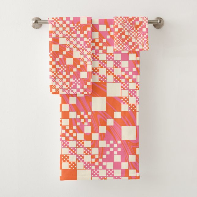 Checked, Checks - Pink, Orange and Cream Bath Towel Set (Insitu)