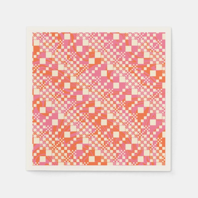 Checked, Checks - Pink, Orange and Cream Napkin (Front)