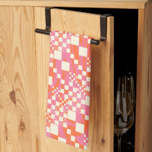 Checked, Checks - Pink, Orange and Cream Tea Towel