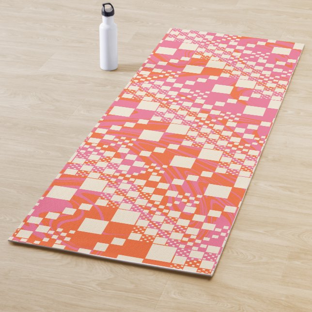 Checked, Checks - Pink, Orange and Cream Yoga Mat (In Situ)