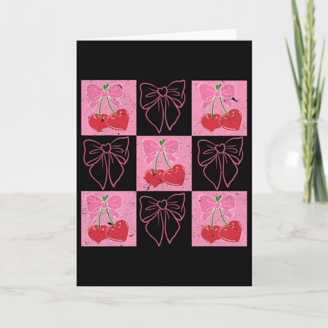 Checked Cherry Coquette Bow Ribbon Pink Valentine  Card (Front)