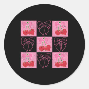 Checked Cherry Coquette Bow Ribbon Pink Valentine Classic Round Sticker