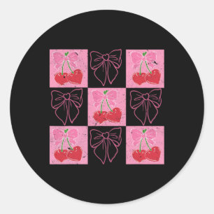 Checked Cherry Coquette Bow Ribbon Pink Valentine Classic Round Sticker