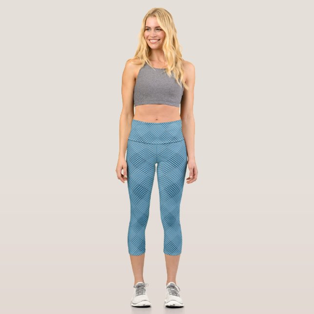 Checked pattern diagonal 2 tones w Lblue Capri Leggings (Front)