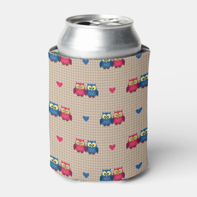 Checked pattern with love owls can cooler (Can Front)