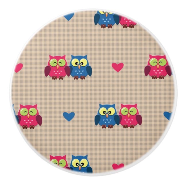 Checked pattern with love owls ceramic knob (Front)