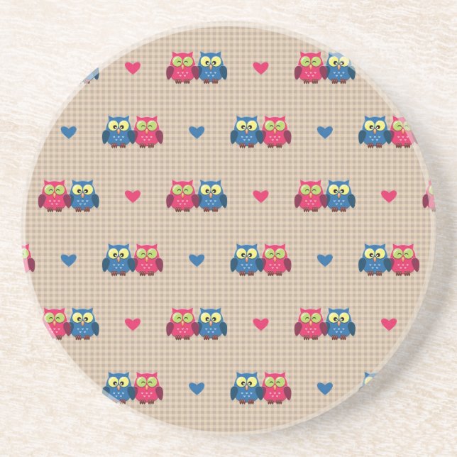 Checked pattern with love owls coaster (Front)