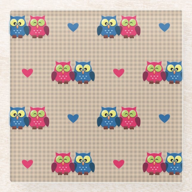 Checked pattern with love owls glass coaster (Front)