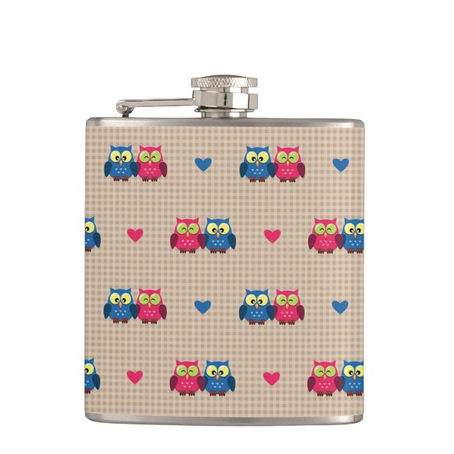 Checked pattern with love owls hip flask (Front)