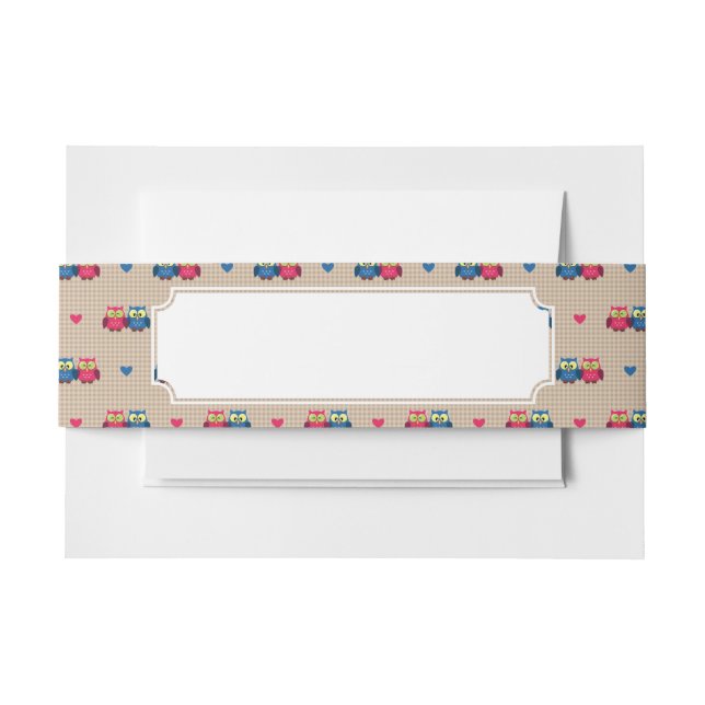 Checked pattern with love owls invitation belly band (Front Example)