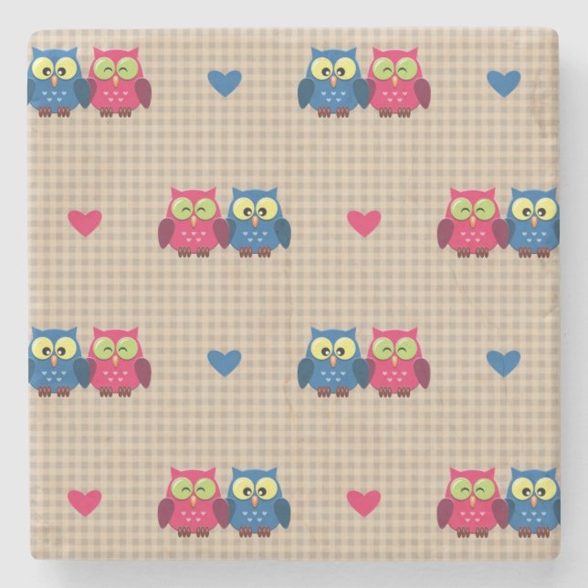 Checked pattern with love owls stone coaster (Front)