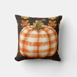 Checked Pumpkin on Fall Leaves Pillow