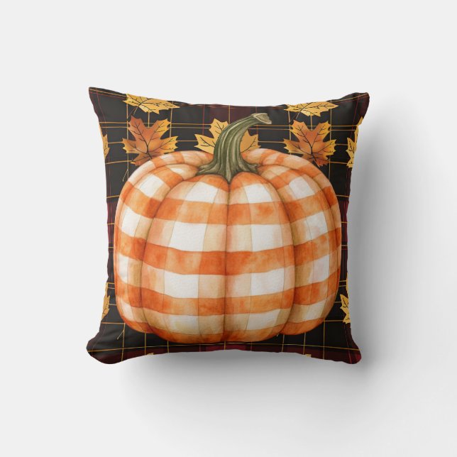 Checked Pumpkin on Fall Leaves Pillow (Front)