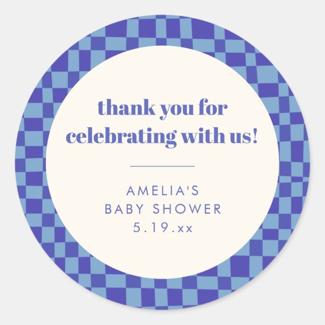 Checkerboard Blue Custom Baby Shower Thank You Classic Round Sticker (Front)