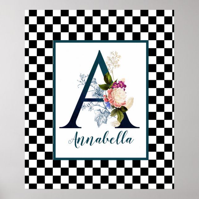 Checkerboard Fancy Floral Monogram Letter A  Poster (Front)
