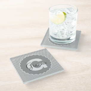 Checkerboard Grayscale with Monogram Name Glass Coaster