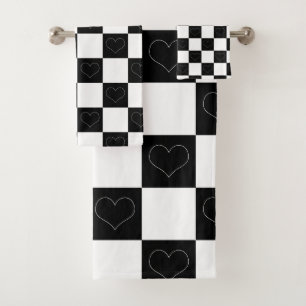 Checkerboard Hearts in Black and White Bath Towel Set