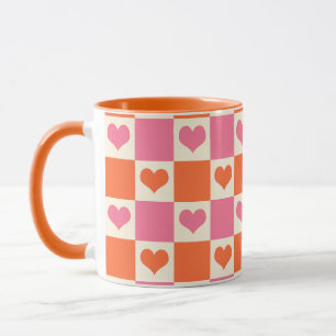 Checkerboard Hearts in Pink, Orange, and Cream Mug