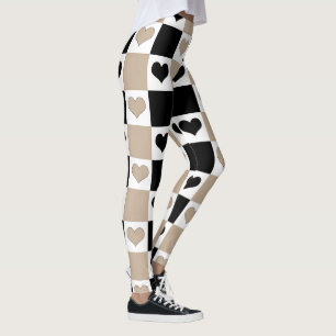 Checkerboard Hearts in Taupe, Black, and White Leggings