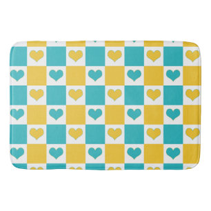 Checkerboard Hearts in Turquoise and Yellow Bath Mat