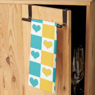 Checkerboard Hearts in Turquoise and Yellow Tea Towel