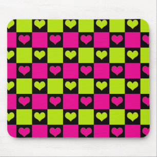 Checkerboard Hearts - Lime Green, Hot Pink & Black Mouse Pad