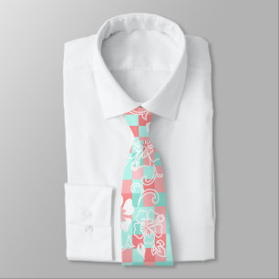 Checkerboard Hibiscus Hawaiian Floral- Mint Tie