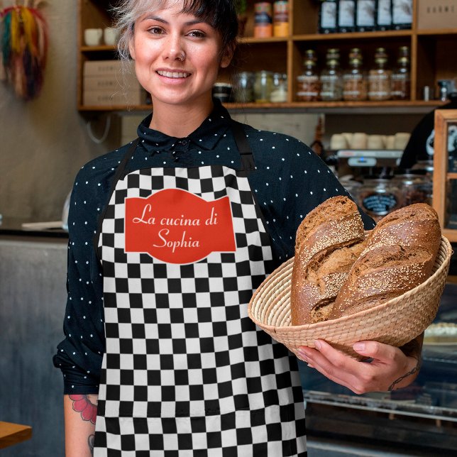 Checkerboard Italian Kitchen Chef with Name Apron (Creator Uploaded)
