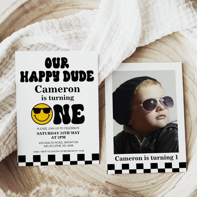 Checkerboard Photo Our Happy Dude 1st Birthday Invitation (Our Happy Dude 1st birthday invitation featuring black checkerboard, face, and a photo on the back.)