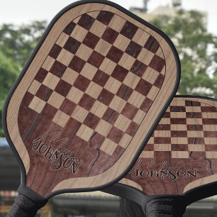 Checkerboard Wood Marquetry Imitation with Name Pickleball Paddle