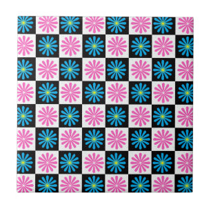 Checkered Abstract Pink and Blue Flower Ceramic Tile