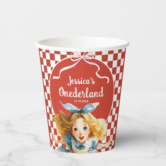 Checkered Alice in ONEDERLAND 1st Birthday Party Paper Cups (Front)