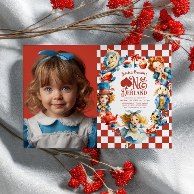 Checkered Alice in ONEDERLAND 1st Birthday Photo Invitation (Creator Uploaded)