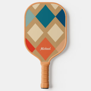 Checkered Beige Blue Orange Modern Monogram   Pickleball Paddle
