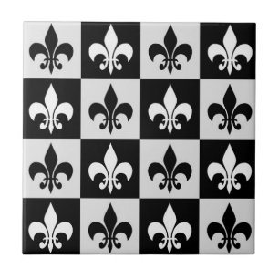 Checkered Black White Fleur-De-Lis Pattern  Ceramic Tile