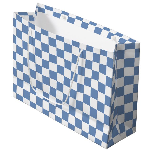 Checkered Blue/Gray and White  Large Gift Bag (Front Angled)