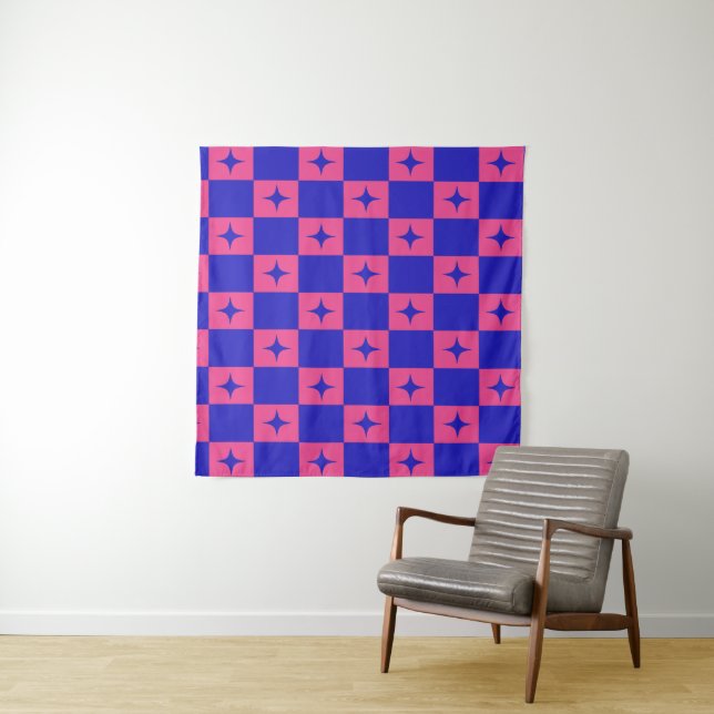 Checkered Blue & Pink Tile With Sparkles Pattern Tapestry (In Situ)
