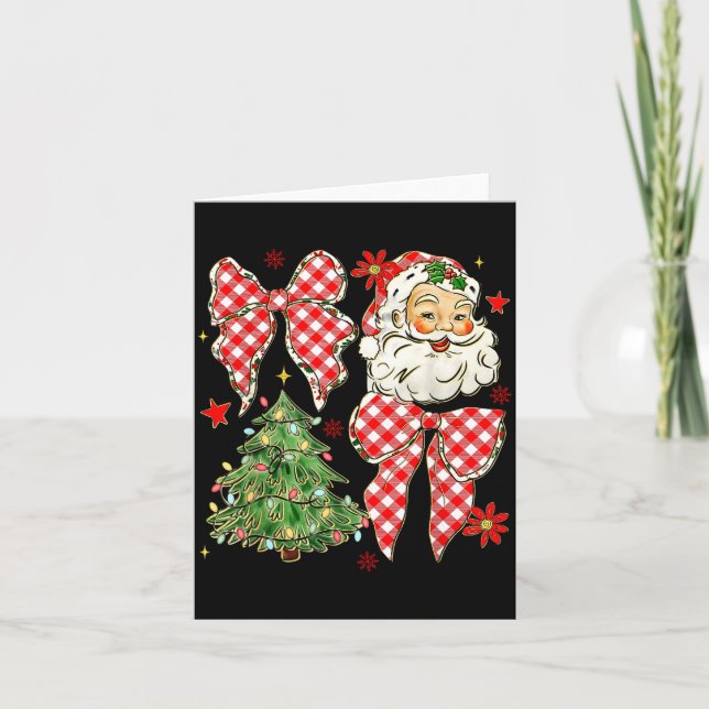 Checkered Coquette Bow Santa Claus Christmas Holid Card (Front)