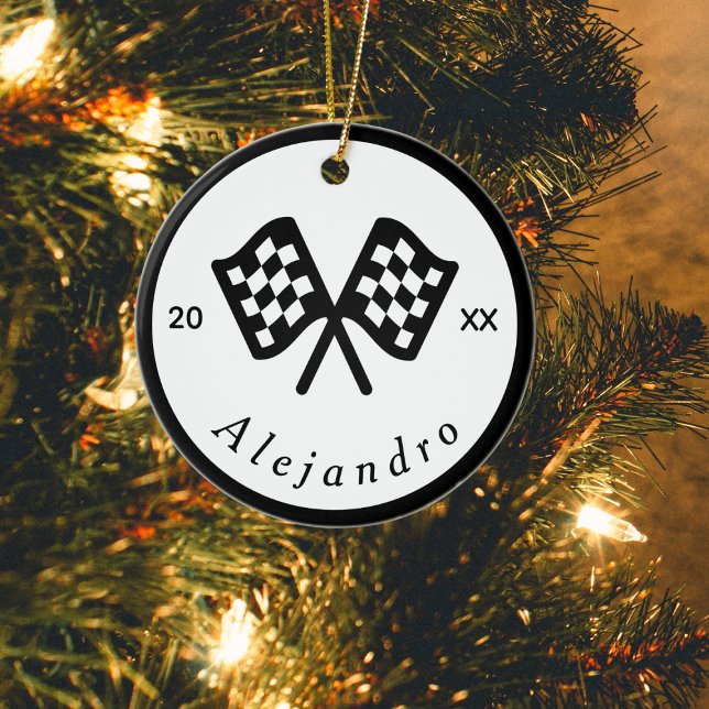 Checkered Flag Racing Racer Custom Name Ceramic Ornament (Creator Uploaded)