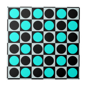 Checkered Geometric Blue Black Circle Polka Dots  Ceramic Tile