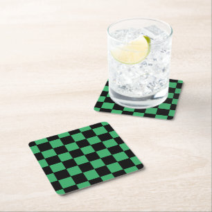 Checkered Green and Black Square Paper Coaster
