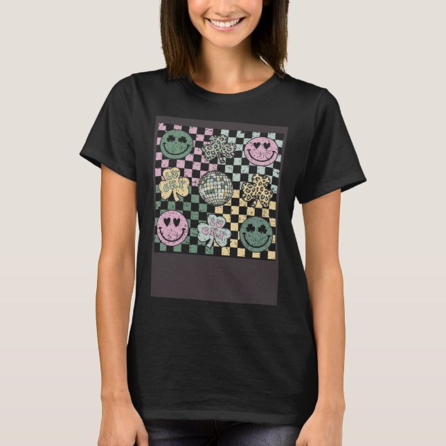 Checkered Happily Face Shamrock Disco Ball St Patr T-Shirt (Front)