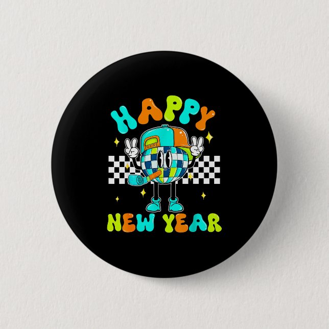 Checkered Happy New Year 2026 Disco Ball New Year  6 Cm Round Badge (Front)