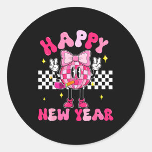 Checkered Happy New Year 2026 Disco Ball New Year Classic Round Sticker