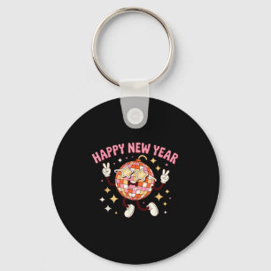 Checkered Happy New Year 2026 Disco Ball New Year Key Ring