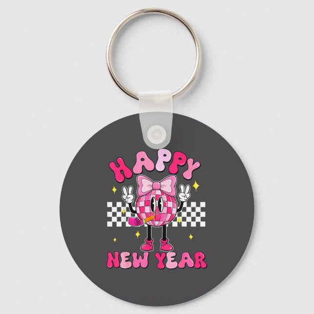 Checkered Happy New Year 2026 Disco Ball New Year  Key Ring (Front)