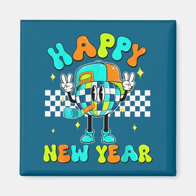 Checkered Happy New Year 2026 Disco Ball New Year  Magnet (Front)