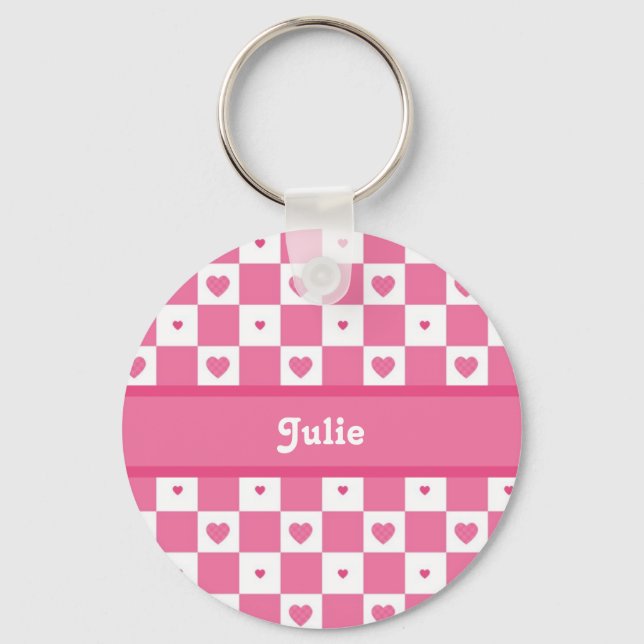 Checkered Heart Squares Pattern Pink and Whtie Key Ring (Front)