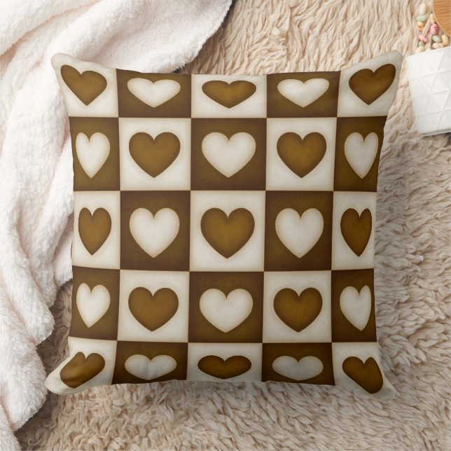 Checkered Hearts in Warm Cocoa Cushion (Blanket)